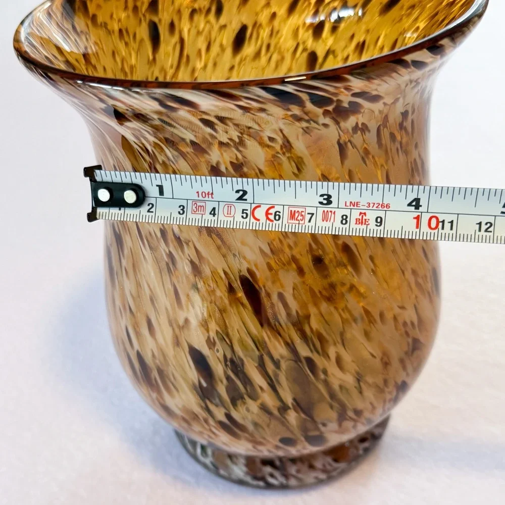 Vintage Tortoise Shell Art Glass Vase Hand Blown Flared Flute Amber Murano Style
